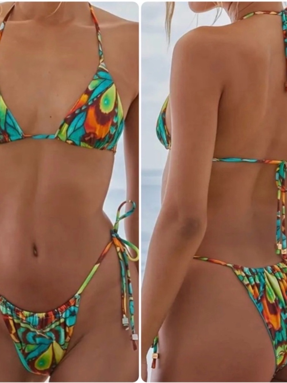 Multicolor Triangle Halter Side Tie Bikini Set View 2